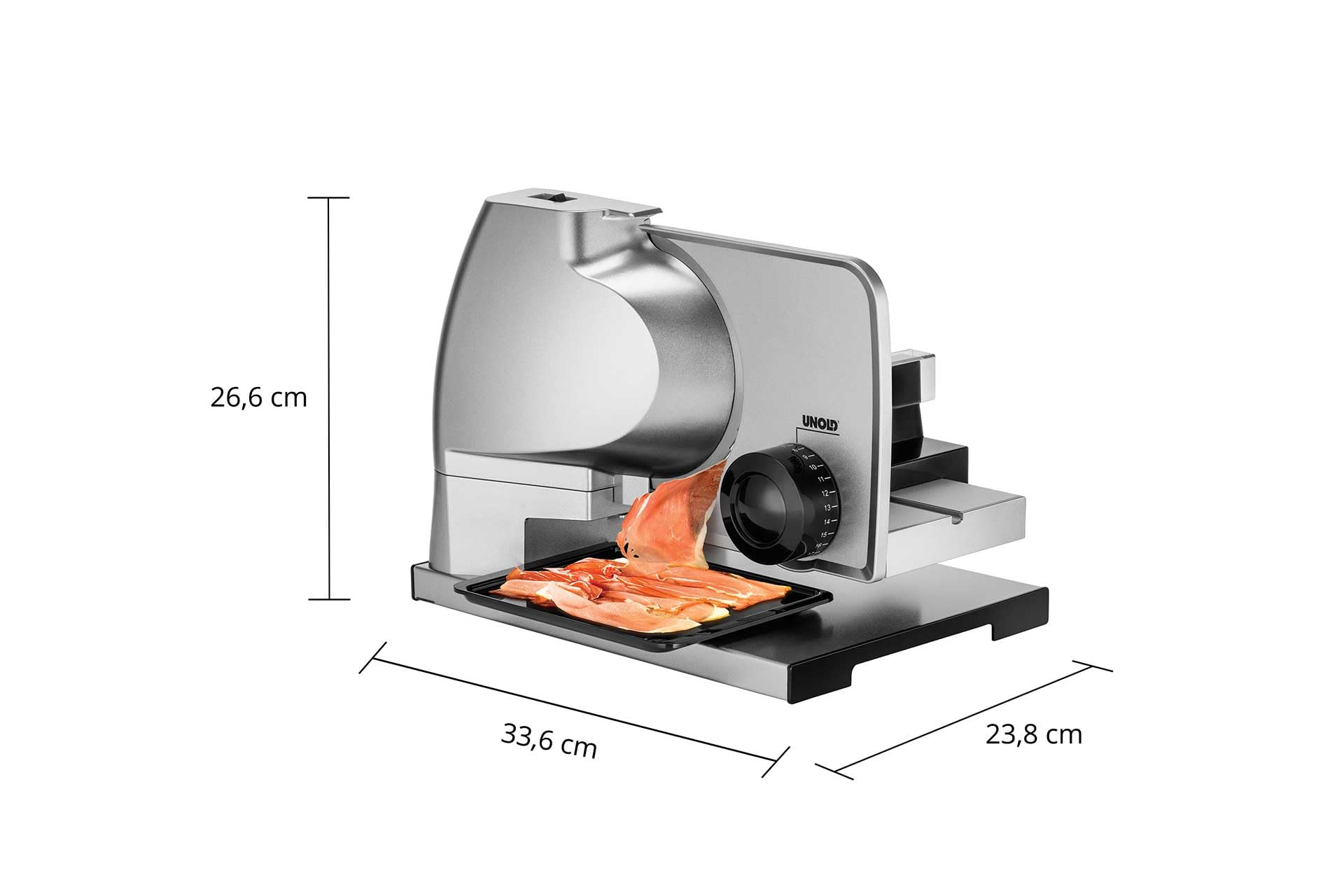 Unold 78826 Allesschneider Metall Plus - Silber/Schwarz, 100 Watt, Antirutschfüße, Edelstahl-Wellenschliffmesser, einstellbare Schnittbreite