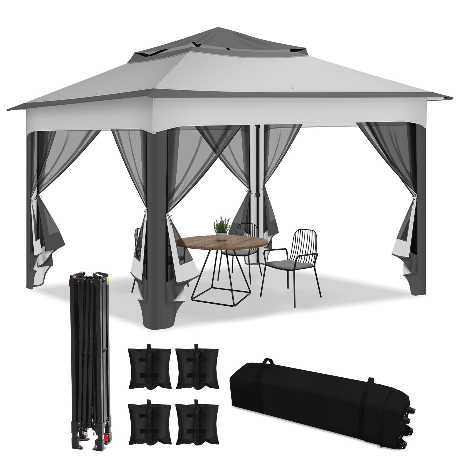 Pavillon 3x3m Étanche Stable, Double Toit Pavillon de Jardin, avec Moustiquaire Cadre Métallique, Bâche Tente de Fête Gazebo pour 2-4 Personnes (Gris)