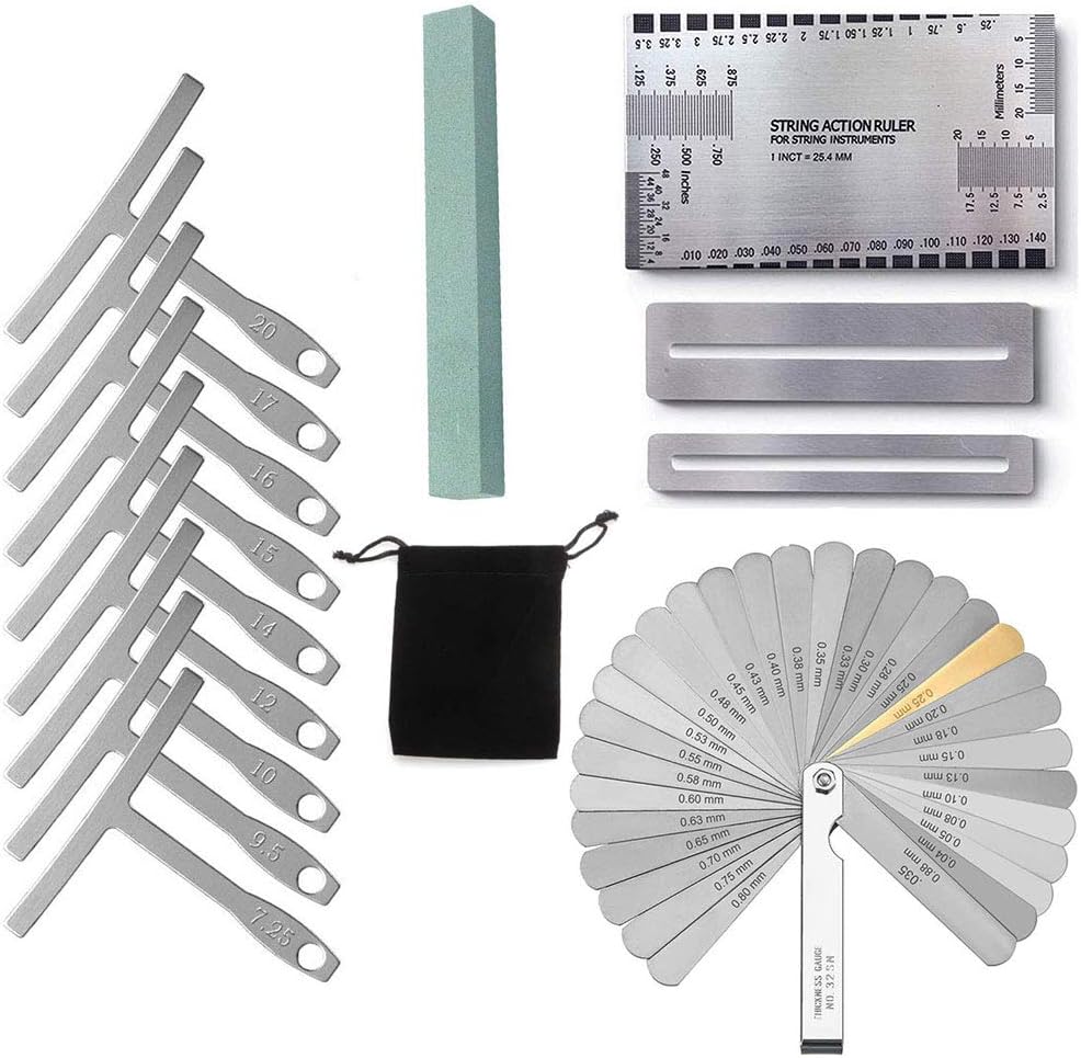 15 Pieces Guitar Radius Gauge Set Including String Action Ruler, 32 Blades Feeler Gauge, Fingerboard Fret Protector Guards and Grinding Stone for Guitar and Bass Setup