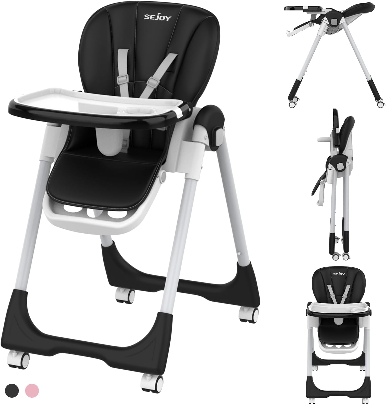 Baby High Chair with 4 Wheels for Babies & Toddlers,for 6 Months-6 Years,Up to 110 LBs/50kg,Removable Dishwasher Meal Tray,Adjustable Backrest Footrest Tray Positions Seat Heights (Black)