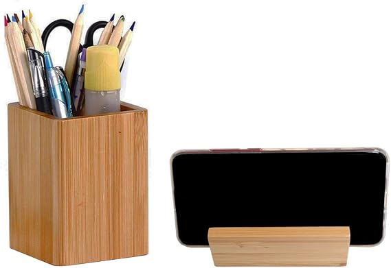 Bamboo Wooden Pen Holder Cup and Desk Business Card Holder Stand for Office Home School 2 Packs