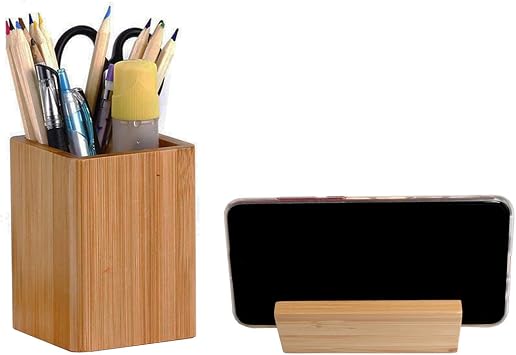 Bamboo Wooden Pen Holder Cup and Desk Business Card Holder Stand for Office Home School 2 Packs