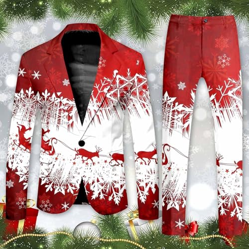 Men Suits 2 Piece Set Classic Fit Christmas Print Slim Fit One Button Dress Suits Business Jacket Blazer Tuxedo Set2