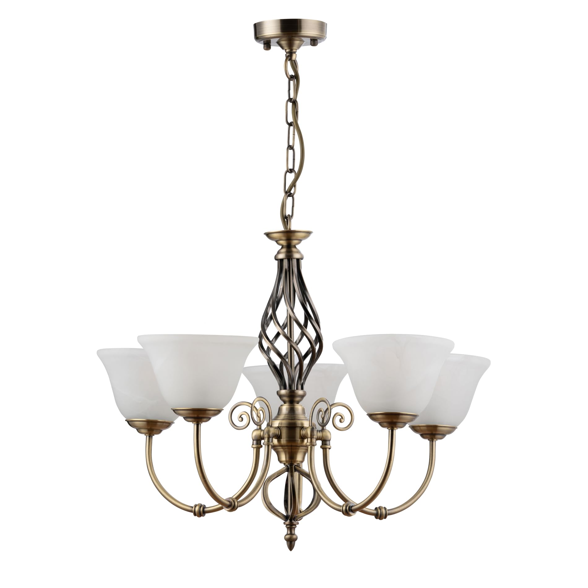 Chandelier Kingswood 5 Light Ceiling Antique Brass with Alabaster Glass Shades