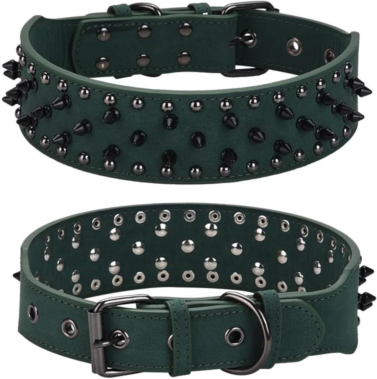 Serijoars Spiked Studded Leather Dog Collar, 2 Inch Width, for Medium & Large Dogs like Pitbull, Mastiff, Labrador, Boxer, Rottweiler, German Shepherd (Green, L (50-62CM))