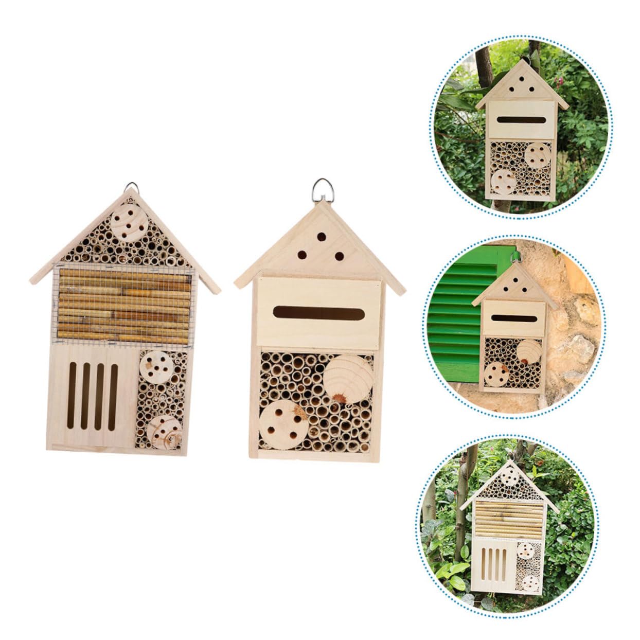 ERINGOGO 2Stücke Bienenhaus für Garten Holz Insektenhotel mit Aufhängung Dekoration für Wildbienen und Insekten Naturfreundliche Nisthilfe