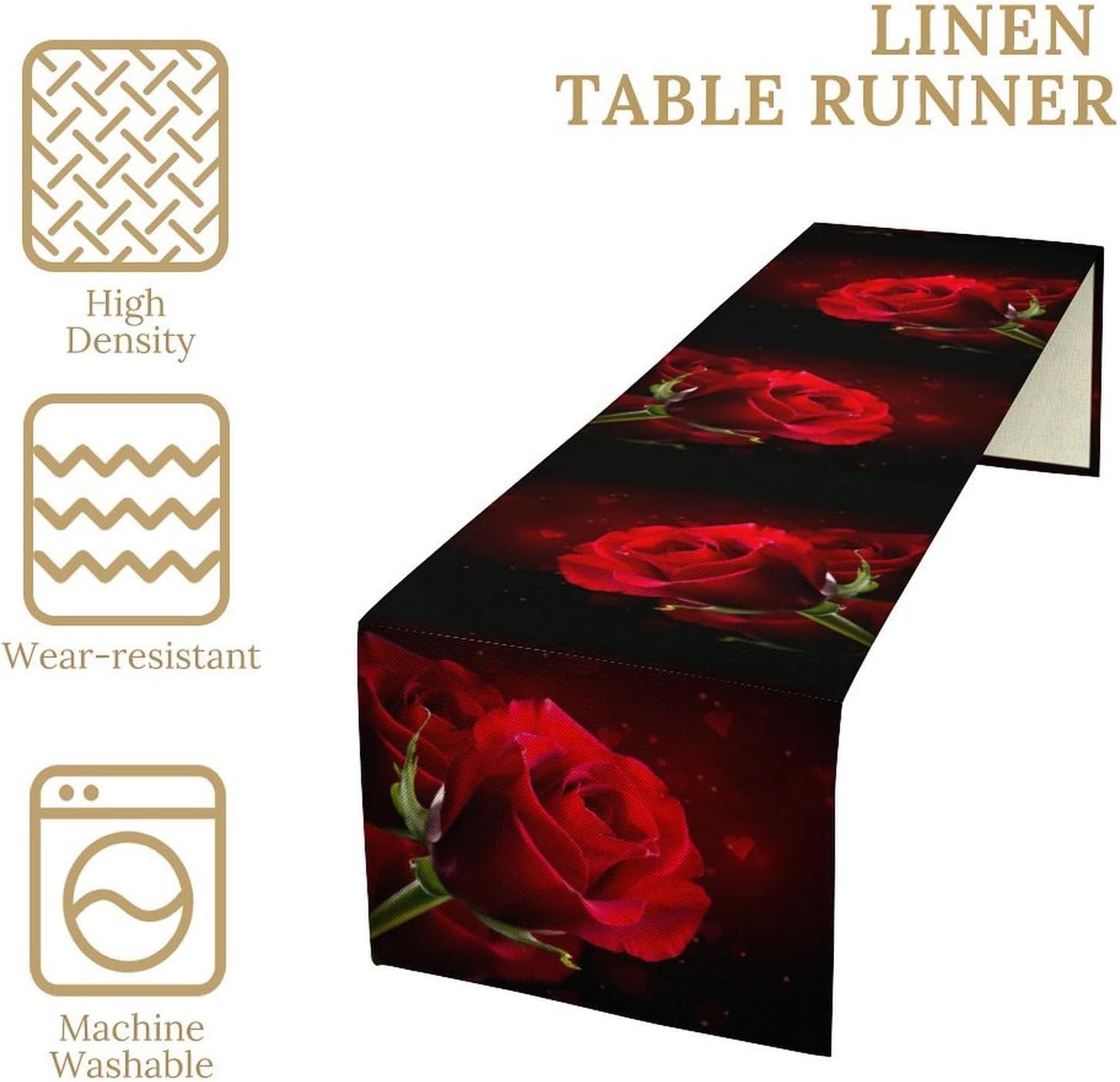 Red Rose Flower Table Runner, Dark Red Floral Romantic Valentine's Day Print Kitchen Dining Table Decoration for Home Party Wedding Decor, 13x120inch