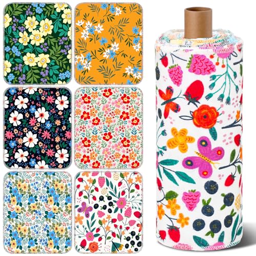 Redbaker 30 Pcs Reusable Paper Towels Rolls Kitchen Towels Bulk Washable Paperless Cloth Cotton Hand Napkins with Cardboard Reusable Napkins for Kitchen Bathroom(Floral,10 x 12 in)