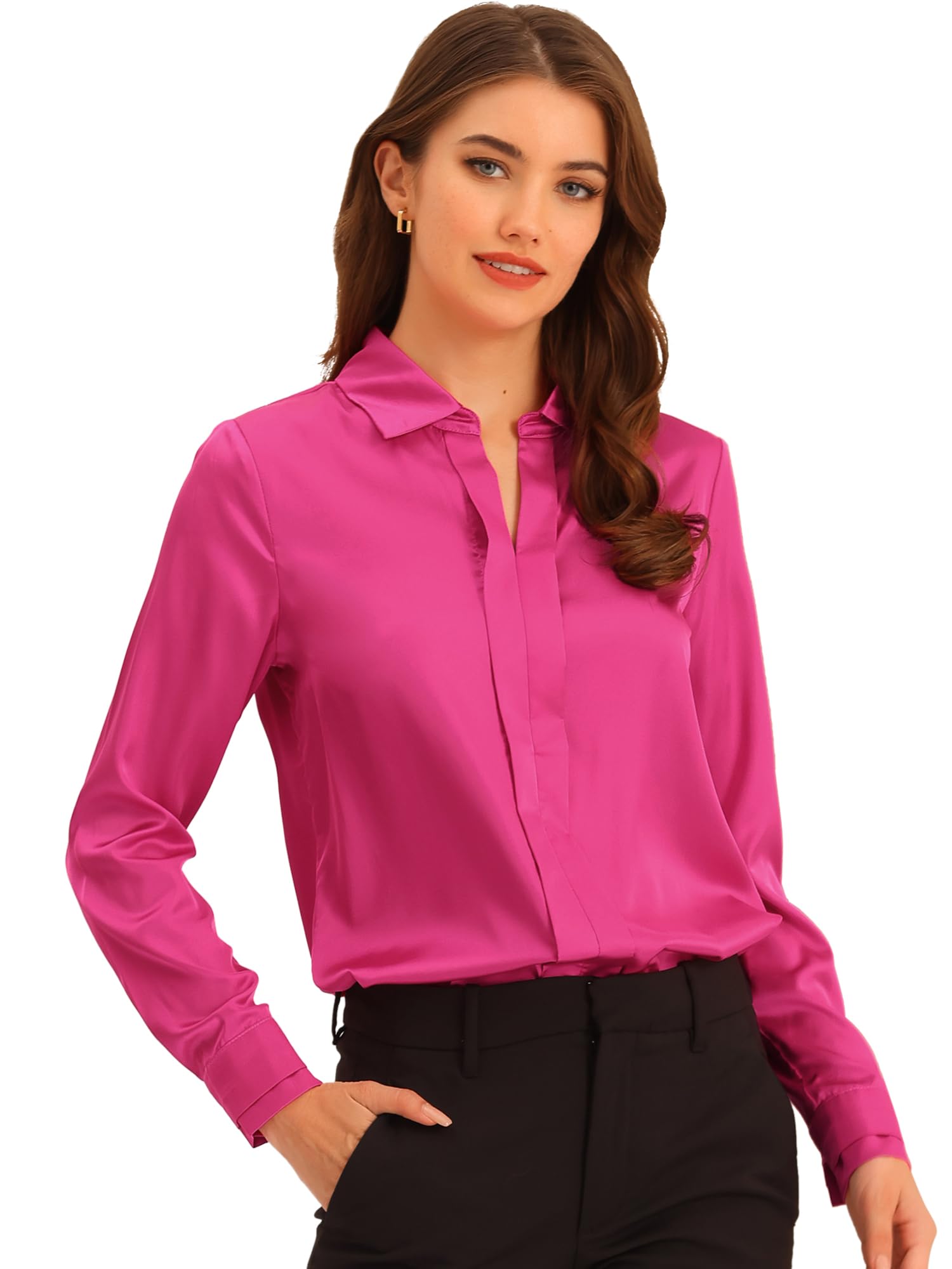 Allegra K Chemisier en satin élégant à manches longues et col en V pour femme, rose vif, Taille M