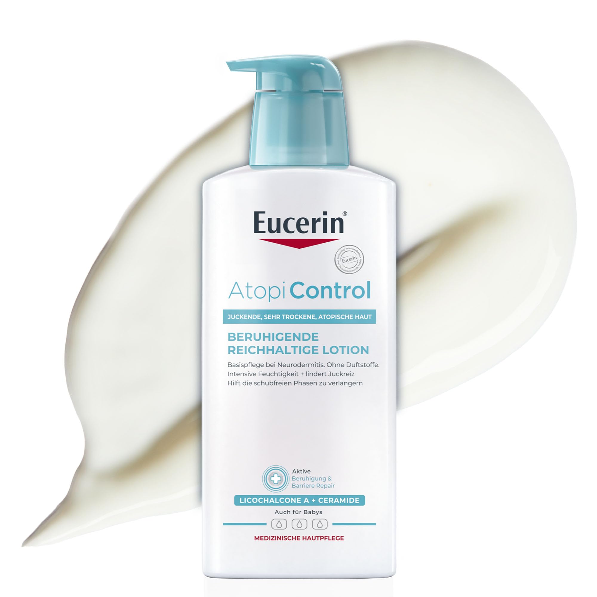 Eucerin AtopiControl Beruhigende Reichhaltige Lotion 400 ml, Basis Hautpflege bei trockener und atopischer Haut, feuchtigkeitsspendende Körpercreme mit Ceramiden und Licochalcone A
