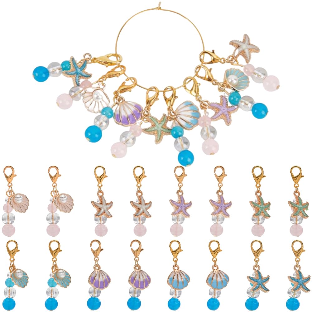 SUNNYCLUE 1 Box 16 Pcs Crochet Charms Bulk Lobster Clasp Charm Enamel Stitch Markers Cute Starfish Shell Oceans Alloy Glass Charms Lockstitch Marker for DIY Craft Knitting Weaving Sewing Crocheting