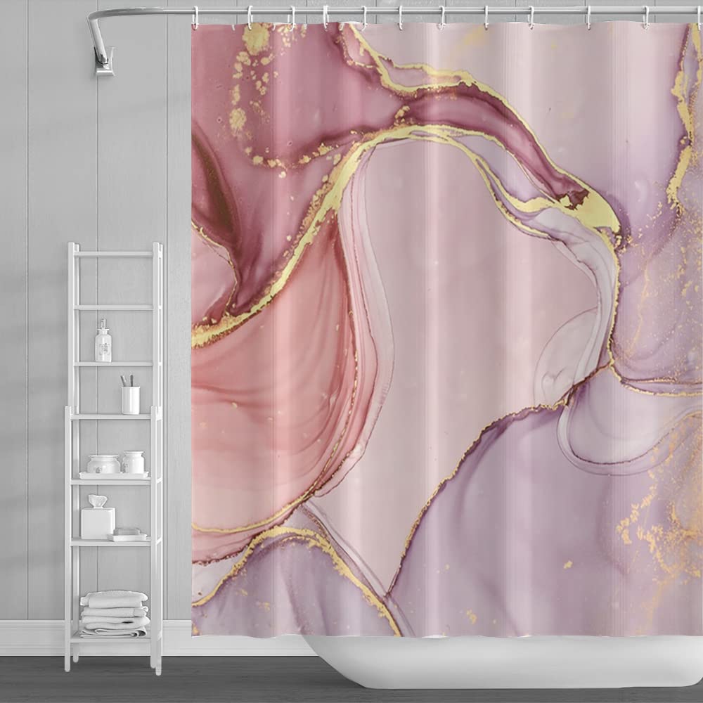 SDOTPMT 105x160cm Marble Shower Curtain Mixed Pink Purple Luxury Texture Golden Powder Bath Curtain Abstract Smooth Swirl Bathtub Curtain for Bathroom Fabric Polyester Waterproof with Hooks - Image 3