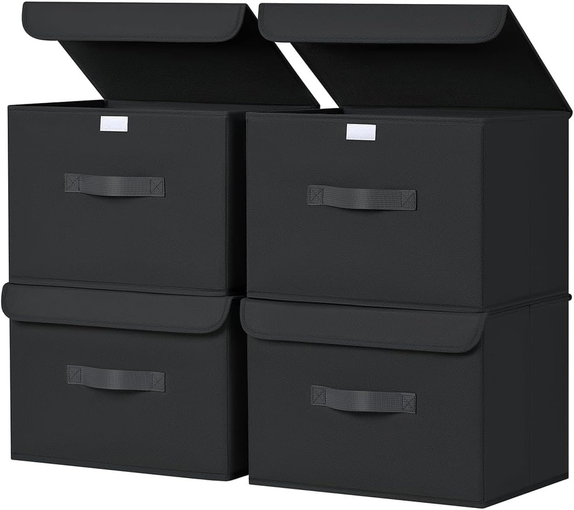 Homsorout Aufbewahrungsboxen mit Deckel - 4er Set Aufbewahrungskorb Stoff Faltbare Aufbewahrungsbox mit Transparentem Sichtfenster, 38 x 25 x 25 cm Faltbox für Kleidung, Würfelregal, Schwarz