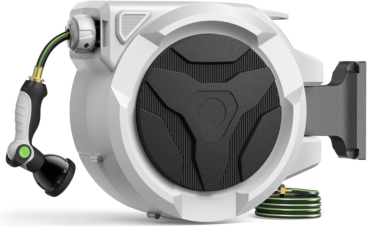 100 FT x 1/2 Inch Retractable Garden Hose Reel for Garden Watering | Any-Length Lock, 10-12s Auto Rewind, 10 Spray Modes, 180° Swivel For Yard, Cars, Patio & Outdoor Cleaning