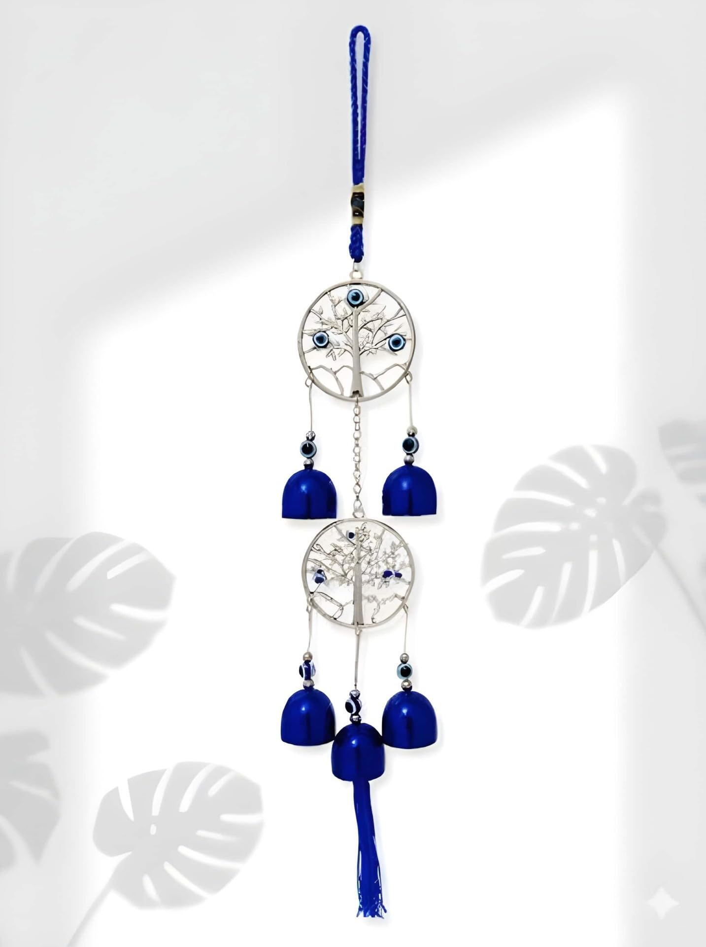 Evil Eye Tree of Life Wind Chime Hanging, Blue Metal Bells | Double Tree Design, Evil Eye Beads, Blue Tassel Finish, Indoor & Outdoor, Wall Hanging Decor-image-38