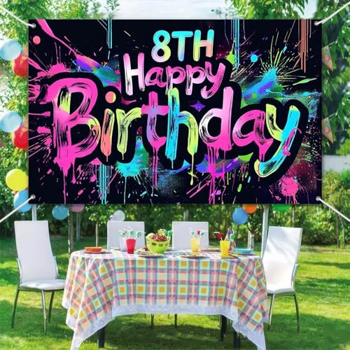Image of HOMETITUTE Neon 8th Happy Birthday Banner 71x43 Inch Birthday Backdrop | Glow in the Dark Party Backdrop Features A Graffiti Style Design and Is Perfect for Wall Decorations at Neon Parties