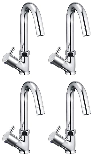 Drizzle Swan Neck Pillar Cock Flora Brass Chrome Plated/Wash Basin Tap / 360 Degree Moving Spout Tap/Bathroom Tap/Quarter Turn Tap/Water Foam Flow Tap - Set of 4