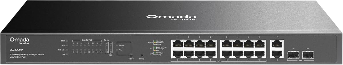 Omada ES220GMP, conmutador PoE Gigabit de fácil gestión de 16 puertos | Presupuesto de 250 W, compatible con PoE+, hasta 250 m de distancia, recuperación automática, VLAN, prevención de bucle, con ventilador