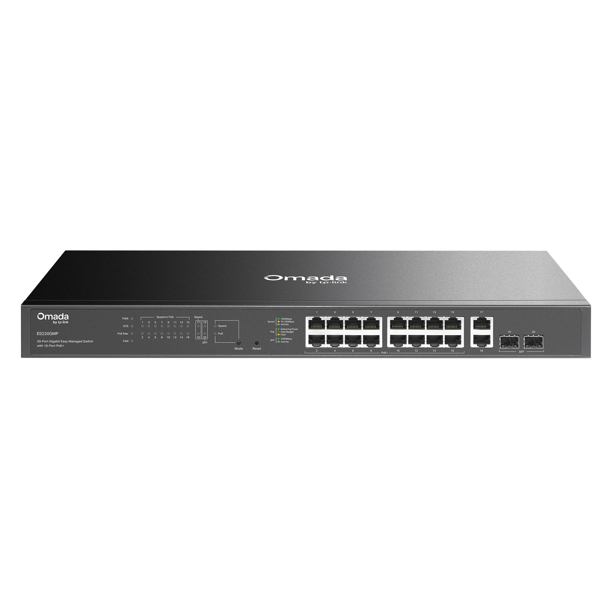 TP-Link Switch Gigabit PoE de 16 puertos (ES220GMP) | 16 puertos PoE+, 2 puertos de enlace ascendente, 2 puertos SFP | Presupuesto de 250 W | Omada Free Easy Remote Cloud Managed | VLAN, ZTP, PoE Auto