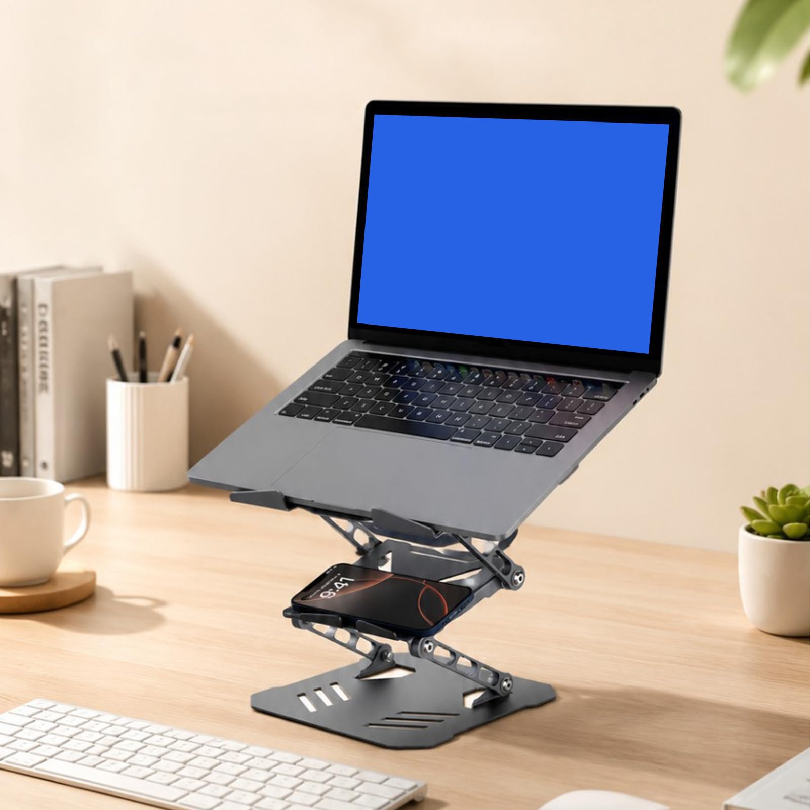 Supporto per computer portatile per scrivania, supporto regolabile per computer con base rotante a 360, supporti pieghevoli per laptop con supporto per telefono, rialzi ergonomici per lavoro