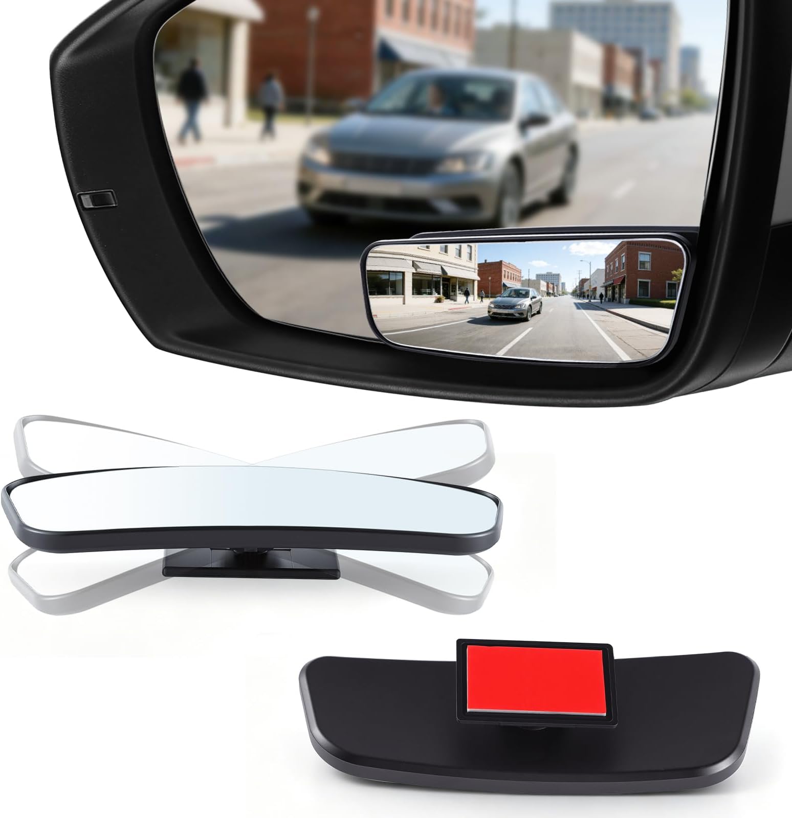 Livtee Framed Rectangular Blind Spot Mirror, HD Glass and ABS Housing Convex Wide Angle Rearview Mirror with Adjustable Stick for Universal Car (2 pcs)