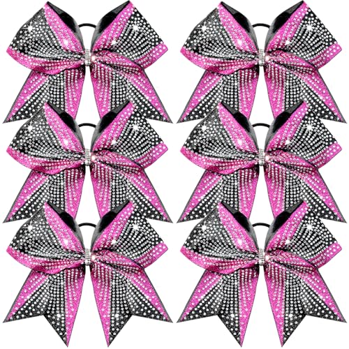DEEKA 6PCS 8" Large Glitter Pink and Black Cheer Bows Two Toned Rhinestones Stiff Cheer Hair Bows Elastic Band Competition Bows for Cheerleader Team Girls Sports -Pink/Black