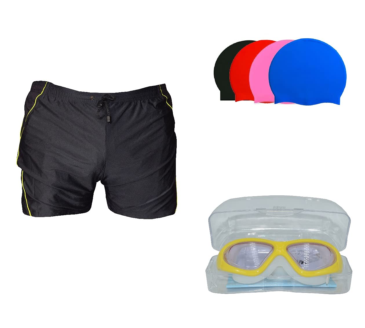 SWIMMING SHORTS V-619 BLACK YELLOW PIPING SIZE 3XL WITH GOGGLES SILICONE IS-SG LARGE WITH BOX GREY AND 100% SILICONE SWIMMING CAP PLAIN SKY-image-24
