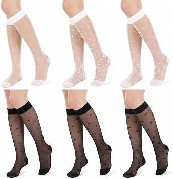 6 Pairs Socks Knee High Lace White Black Sock, Womens Lace Socks, Fishnet Mesh Lace Hollow out Women Stockings for Boots, Short Skirt, Shoes