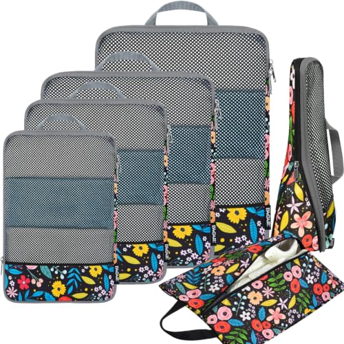 Image of BAGAIL 4 Set /6 Set /8 Set Compression Packing Cubes Travel Accessories Expandable Packing Organizers (Half Mesh, 6-Black Floral)