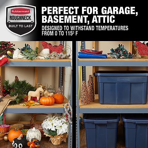 Image of Rubbermaid Roughneck Tote 31 Gal, 3 Pack, Made in USA, Dark Indigo Metallic, Rugged Plastic Stackable Storage Bins with Lids and Handles
