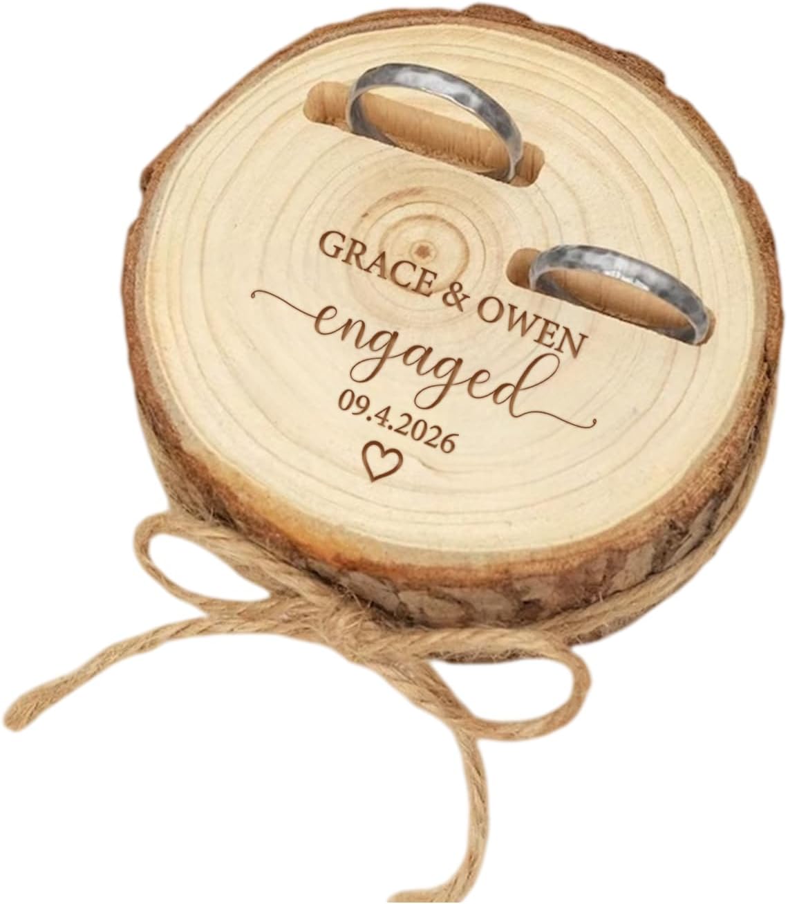 Personalized Wedding Ring Box, Custom Engraved Names & Date Ring Beare, Natural Log Double Slot Ring Holder for Engagement, Ceremony Keepsake Gift