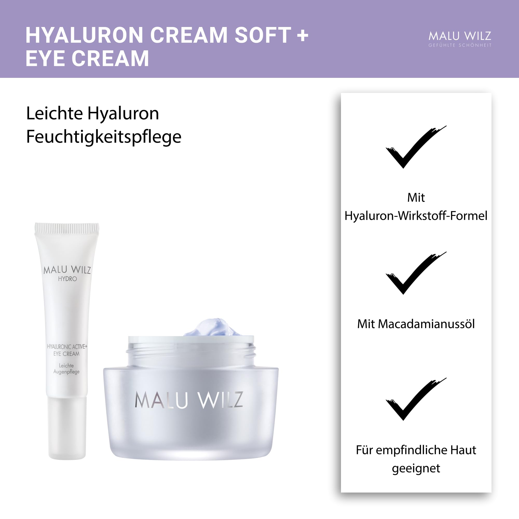Malu Wilz Bundle Hyaluronic Active + Cream Soft 50ml + Eye Cream 15ml I Erfrischende Skincare Gesichtspflege-Creme & Augenpflege-Serum mit Hyaluron