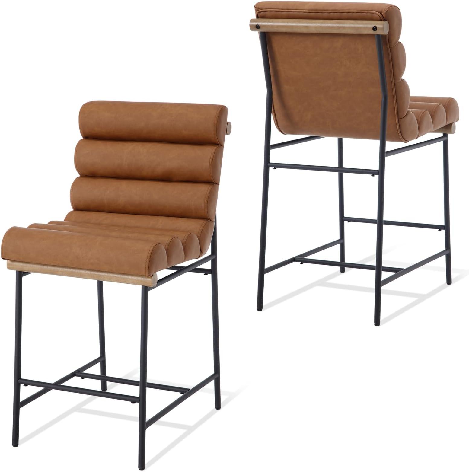 ZHENGHAO Modern 25” Upholstered Counter Stools with Back, Armless Bar Chairs with Black Metal Legs & Channel Tufted Backrest and Seat for Dining Room Kitchen Counter Island, Brown PU/Set of 2