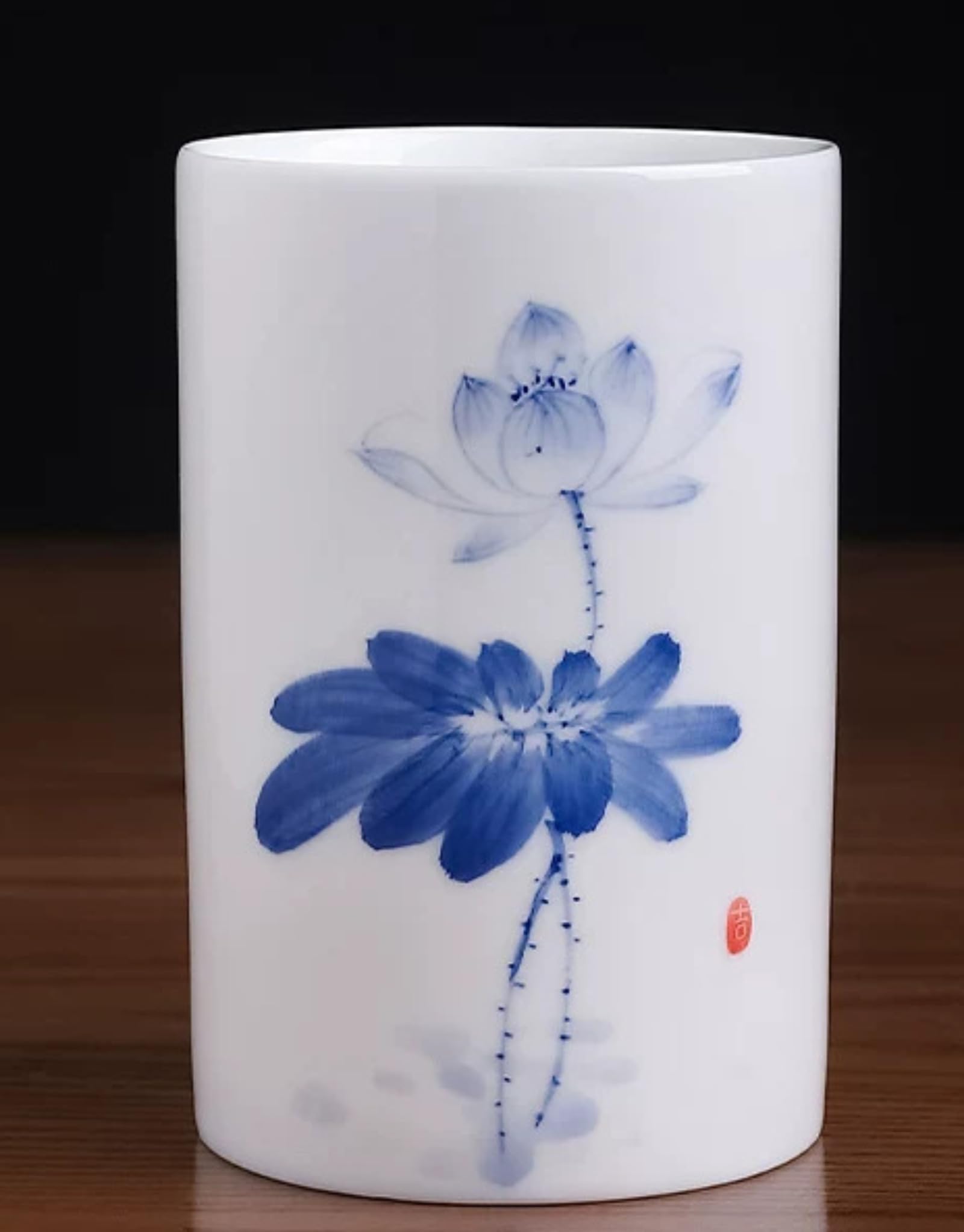 Handgezeichneter Lotus, Keramik, 12 cm, Unterglasur-Farbe, Stifthalter, Ornament
