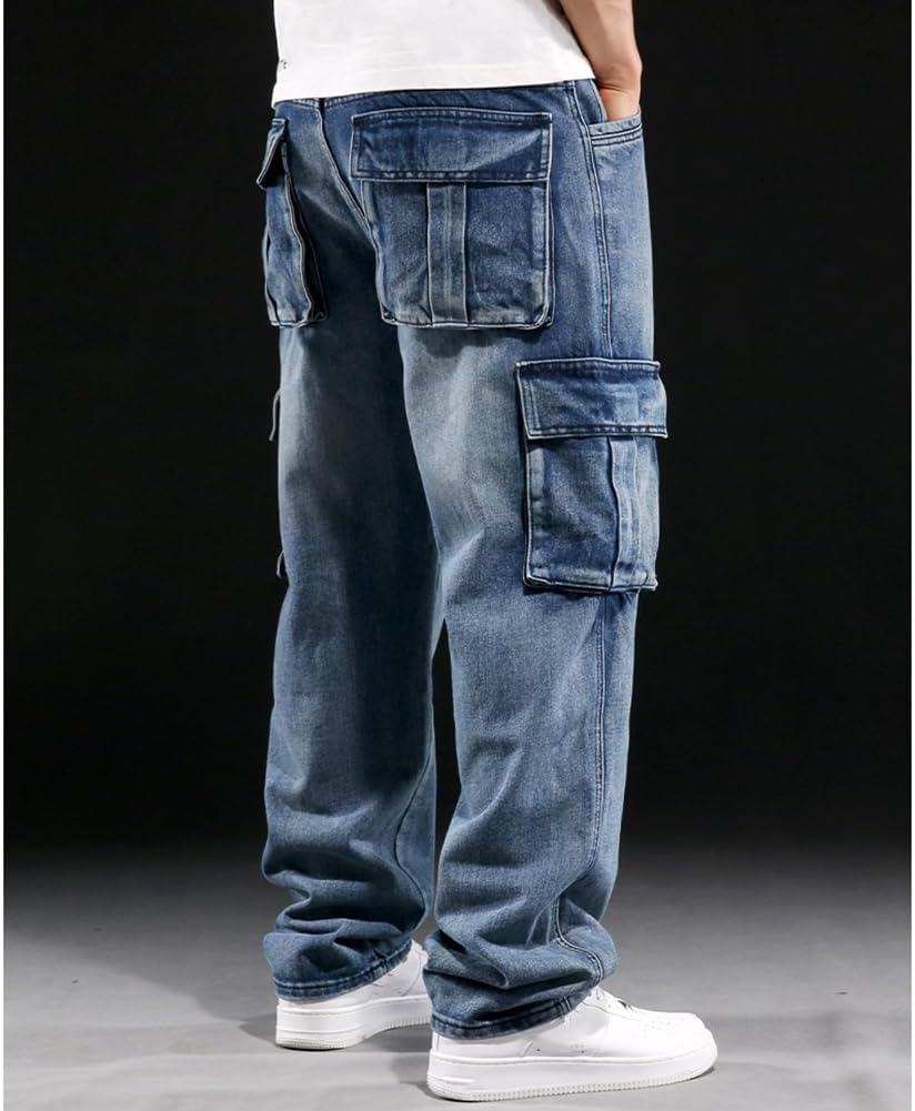 Mens Loose Fit Hip Hop Jeans Casual Cargo Denim Pants with Multi Pockets - Image 6