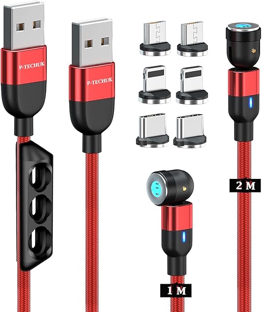 P-TECHUK Fast Charging 360° + 180° Magnetic charger Cable, Magnetic Charging Cable with data transmission. Type C, Micro Usb, iProducts connectors - (1 x 1M, 1 x 2 M, 1 x tip holder, 6 tips) A17