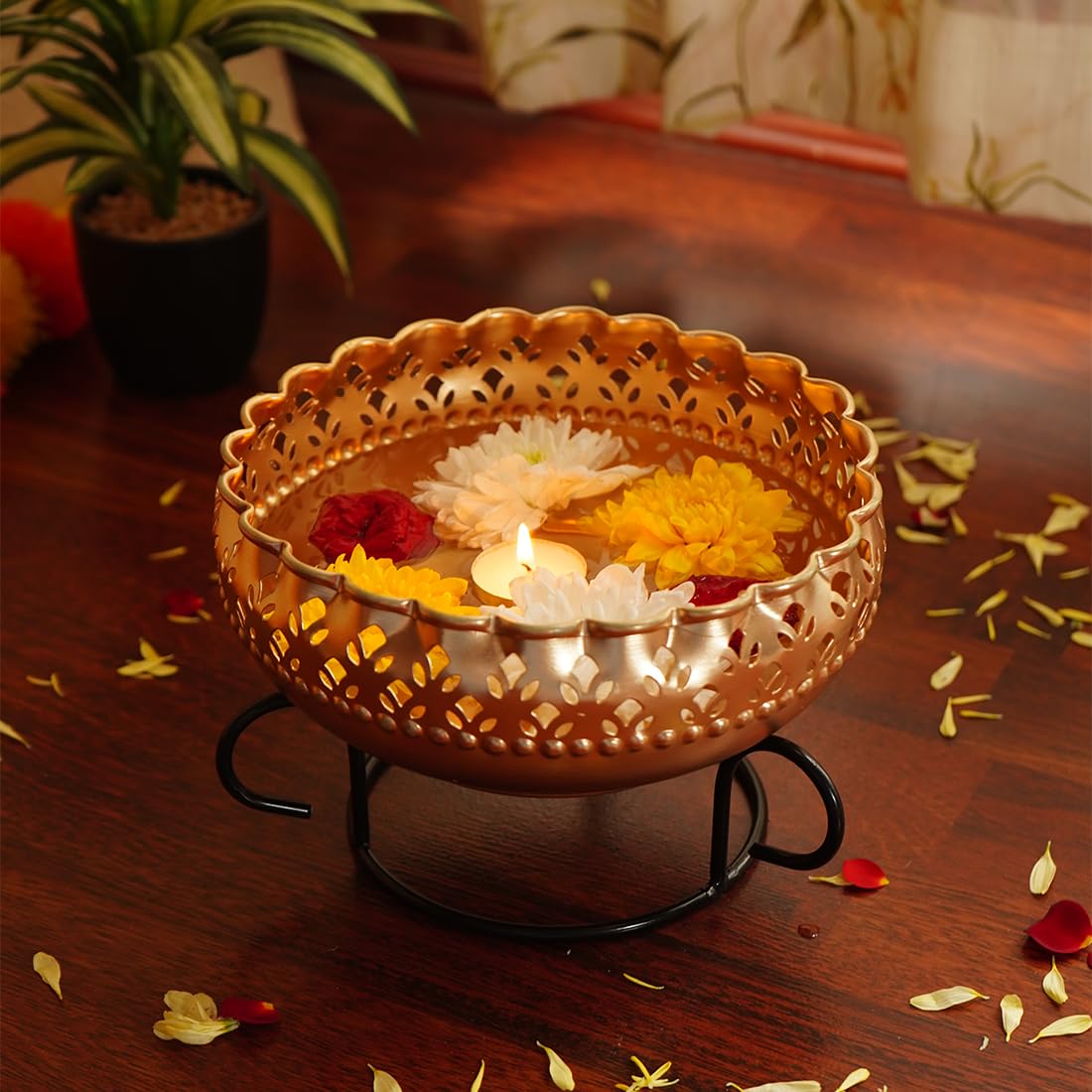 Ekhasa Gold Urli Bowl With Stand For Home Decor & Table Decoration | Floating Flowers, Tealight Candles Water Bowl For Diwali Pooja And Other Festivals | Gift For Various Occasions, 500 Ml, 900 Ml