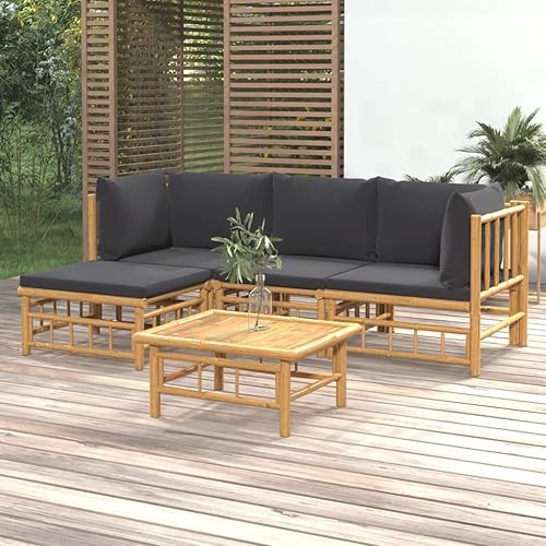 Miniatura 45 de 5 Piece Bamboo Garden Lounge Set Outdoor Patio Furniture with Beige Cushions, Natural Bamboo Rectangular Seating Set for Backyard, Porch, and