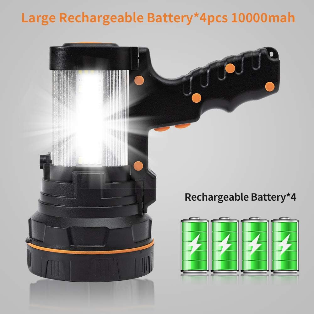 Super Bright Handheld Led Spotlight Flashlight Powerful Searchlight USB Rechargeable Large 4 Battery 10000mah Long Lasting High 6000 Lumens Plus Lantern Power Bank Portable Camping Emergency Light - - 