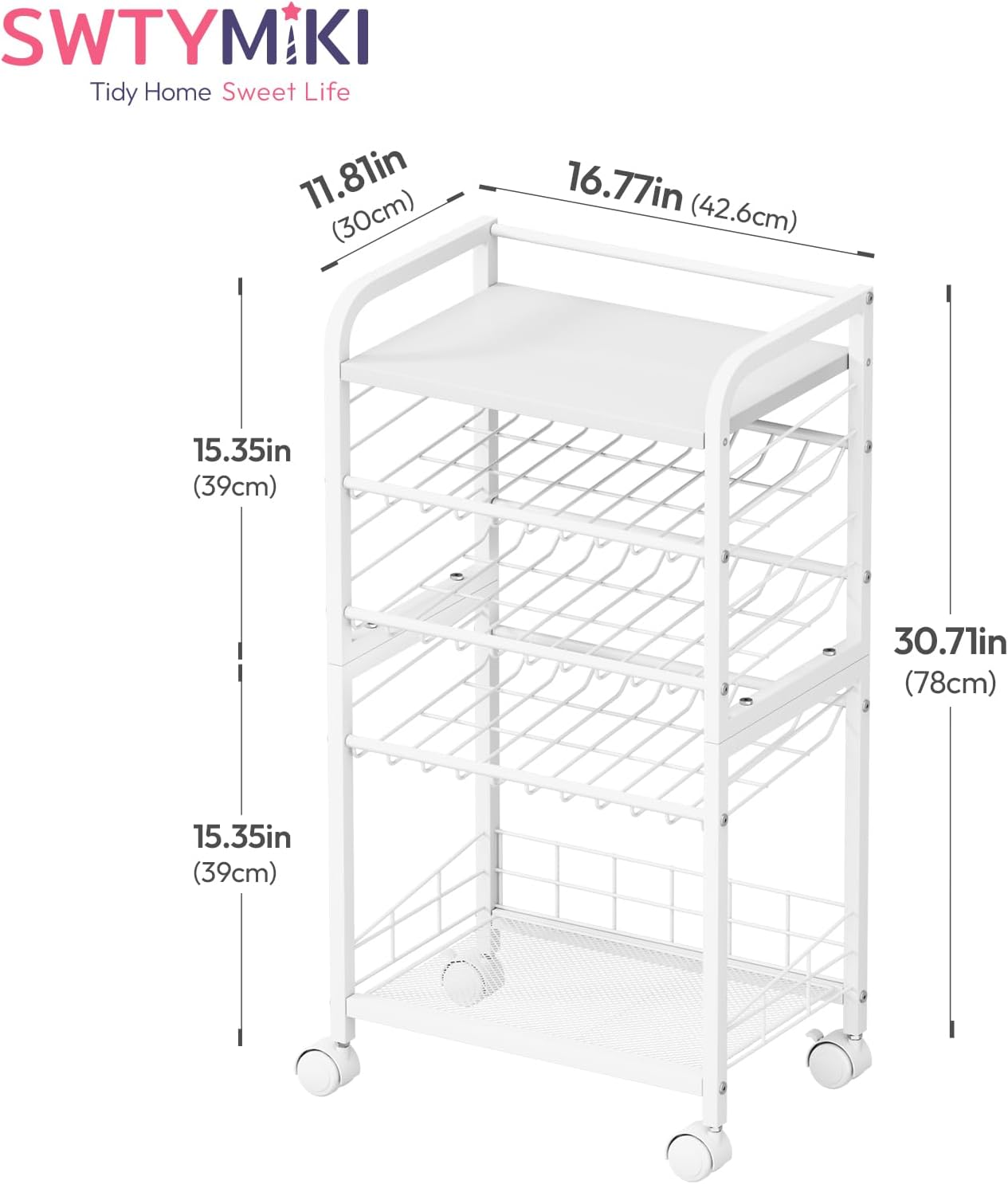 SWTYMIKI Can Organizer for Pantry - Stackable Rolling Snack Cart, Soda Can Organizer, Multi-Functional Shelf with Adjustable Wheels for Kitchen, Office, Living Room, White