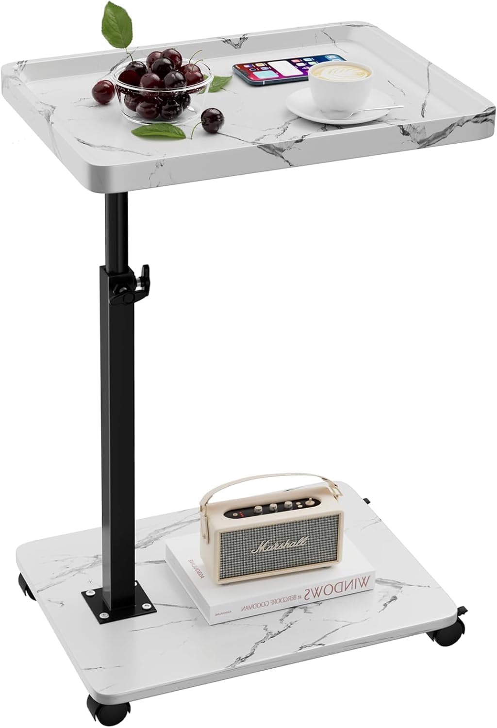 XNSDXV C Shaped Side Table Adjustable Height, 360°Swivel Bedside Tables With Wheels, End Table for Small Spaces, Sofa Side Tables For Living room, Bedroom, Bed,Couch (White Marble Color)
