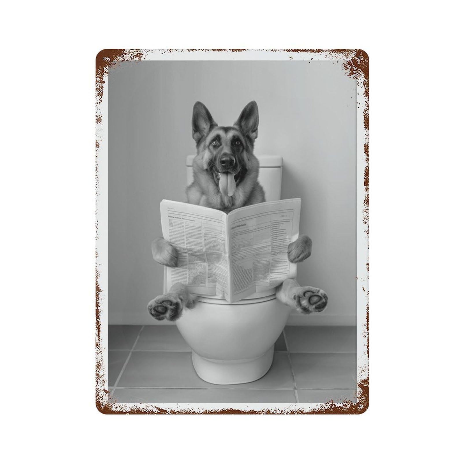 xiaoxiaoshen German Shepherd on Toilet Dog Reading Newspaper, Black And White Wall Decor Art Metal Tin Poster Modern Home Decor Art Home Bar Shop Decorations Vintage Sign 40x30cm