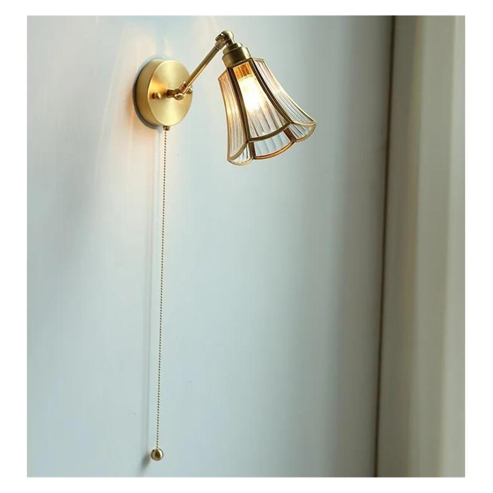 ZTCHSENZT Wall Sconces, Nordic Copper Glass LED Wall Light Fixtures Pull Chain Switch Bedroom Mirror Stair Beside Lamp Modern Sconce Wandlamp,B