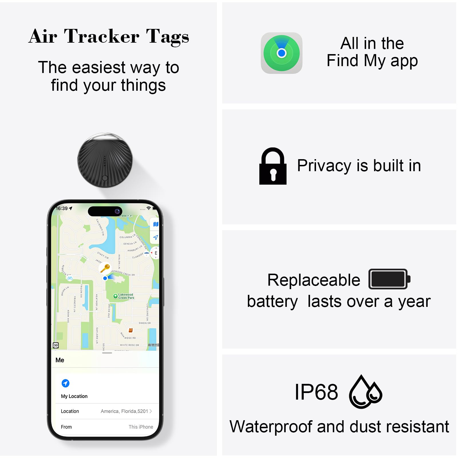 Balise de suivi d'air, étiquettes intelligentes, tracker Bluetooth pour animaux de compagnie Apple Find My, batterie remplaçable, étanche IP68, localisateur de clés et localisateur d'articles pour
