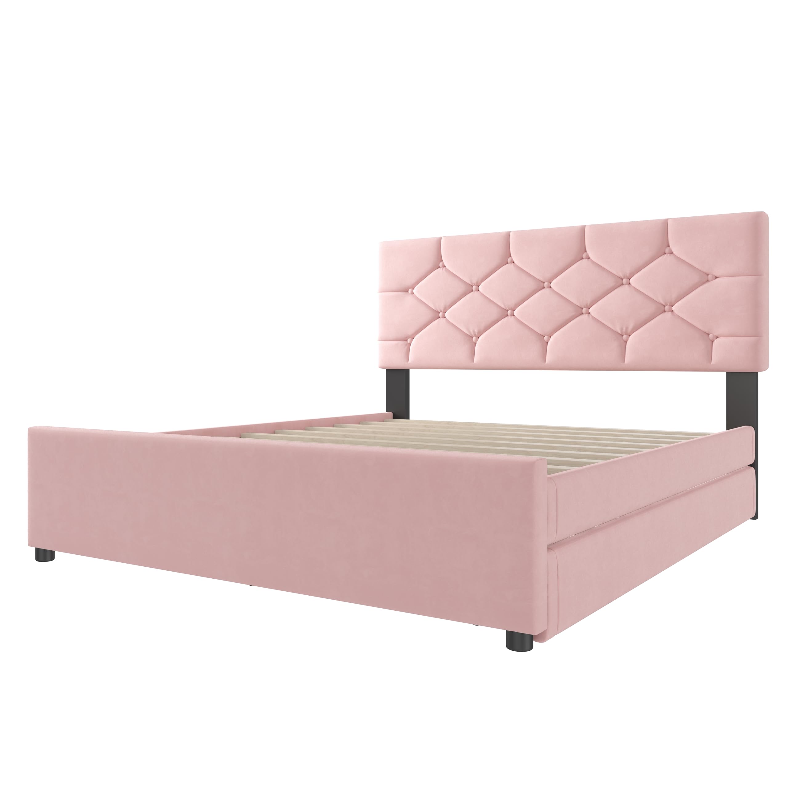 Dolamaní Cama tapizada para cama de matrimonio de 140 x 200 cm de terciopelo con cama nido de la misma altura, se puede instalar a la izquierda o a la derecha, minimalista para jóvenes y adultos (rosa