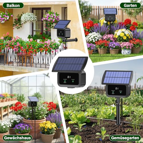 Solar Bewässerungssystem Garten, Automatische Bewässerung für Pflanzen im Urlaub mit Timer und 15M Schlauch, Solar Tropfbewässerung für Garten, Balkon Pflanzen, Kübelpflanzen im Freie