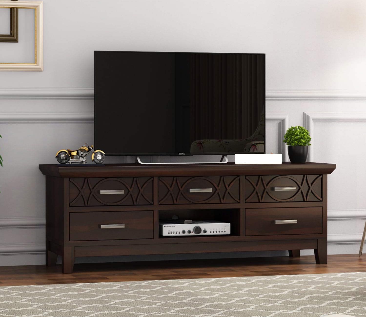 FreshFurnish Solid Sheesham Wooden TV Unit for Bedroom with 5 Drawers & 1 Shelf – Elegant Wooden TV Cabinet for Living Room & Hallway– Fits up to 65-Inch TV (Design 17)-image-23