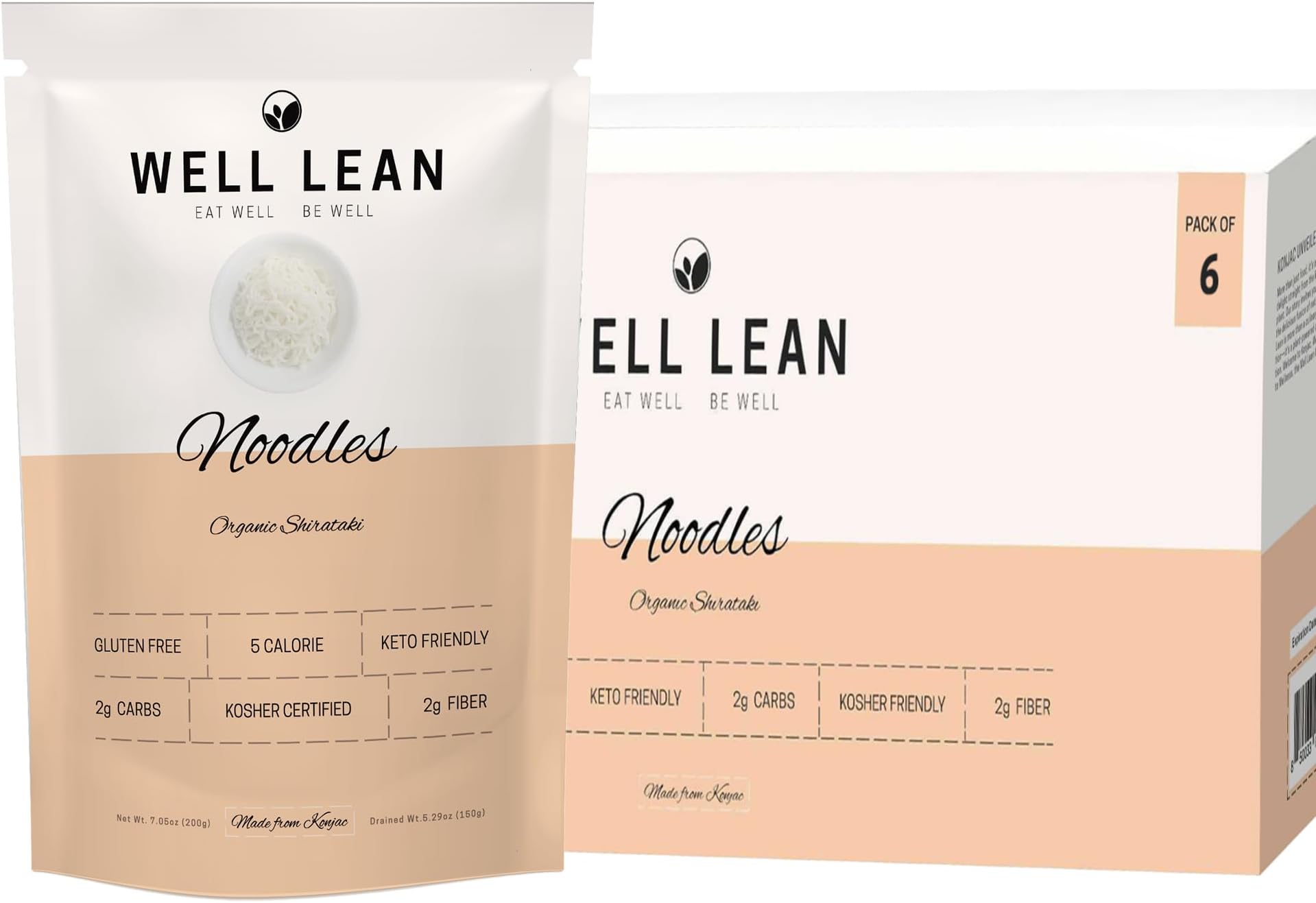 Well Lean Organic Konjac Shirataki Noodles - Zero Carb, Keto Pasta, USDA Organic Healthy Noodles - Low Carb Pasta - 100% Plant-Based, Ready to Eat - 6 Pack (12 Servings)
