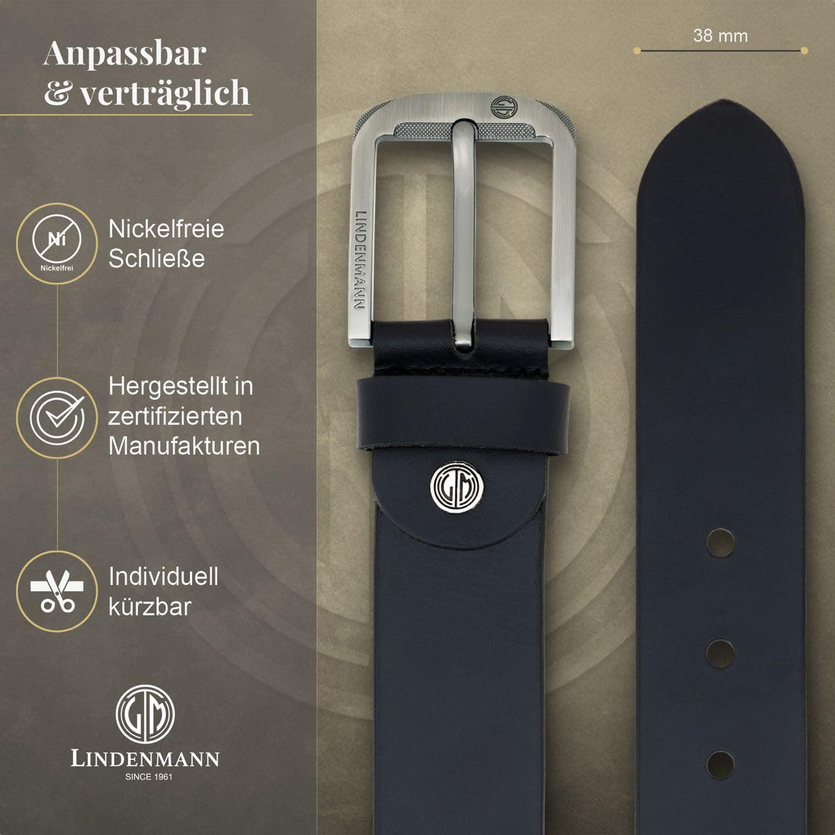 Lindenmann Cintura in pelle da uomo, cintura in pelle pieno fiore per jeans, nera