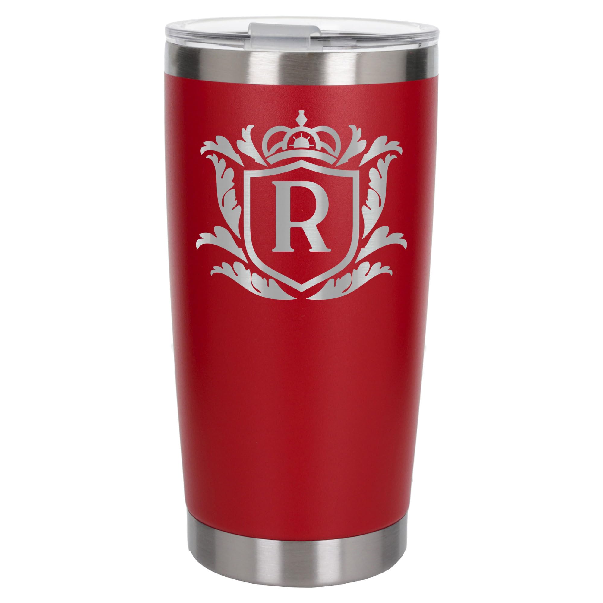 Customised Gifts 500ml Engraved Shield Initial Monogram Insulated Personalised Red Travel Mug for Men and Women - Personalised Initial Coffee Travel Mug for Hot and Cold Beverages, Letter R